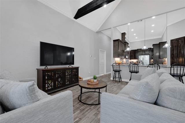 14315 Pecos Ln, Baytown, TX 77523 - living area featuring high vaulted ceiling, light wood finished floors, recessed lighting, and crown molding