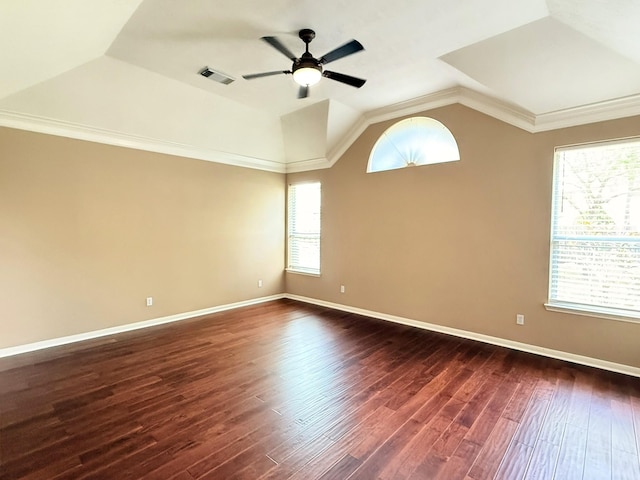 2214 Jurgensen Ln, Sugar Land, TX 77479 - spare room featuring lofted ceiling, ceiling fan, dark wood-type flooring, and crown molding