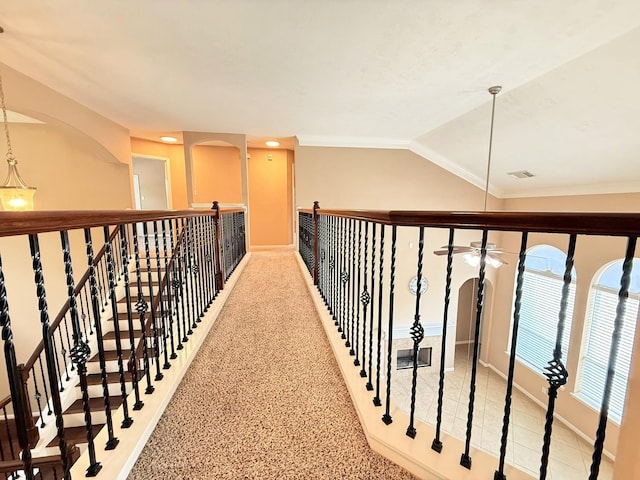 2214 Jurgensen Ln, Sugar Land, TX 77479 - hall with arched walkways, ornamental molding, and lofted ceiling