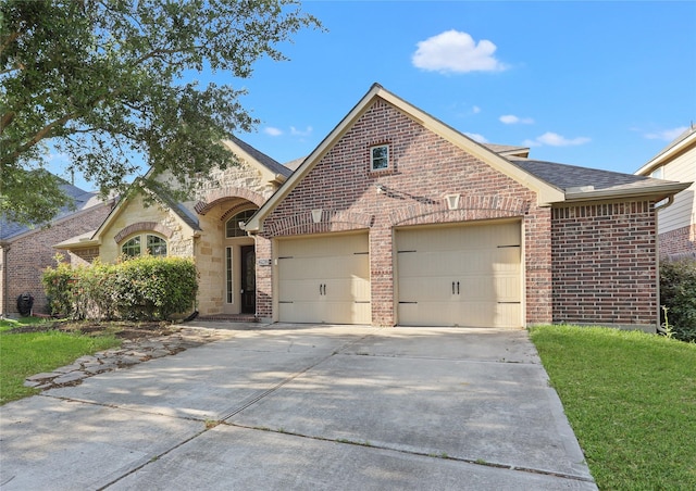 21902 Juniper Wood Ln, Richmond, TX 77469 - view of front of home with a garage, concrete driveway, brick siding, roof with shingles, and a front lawn