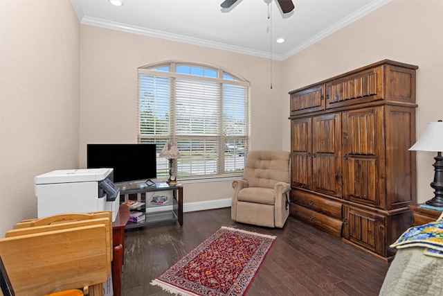 31304 New Forest Park Ln, Spring, TX 77386 - bedroom featuring crown molding, wood finished floors, recessed lighting, a ceiling fan, and an office area