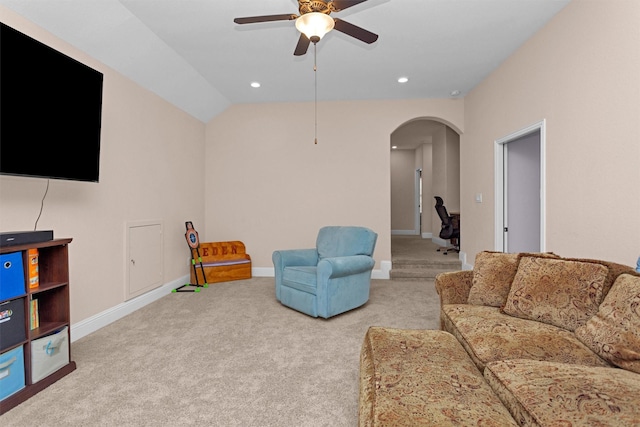 31304 New Forest Park Ln, Spring, TX 77386 - living room with arched walkways, ceiling fan, carpet, lofted ceiling, and recessed lighting