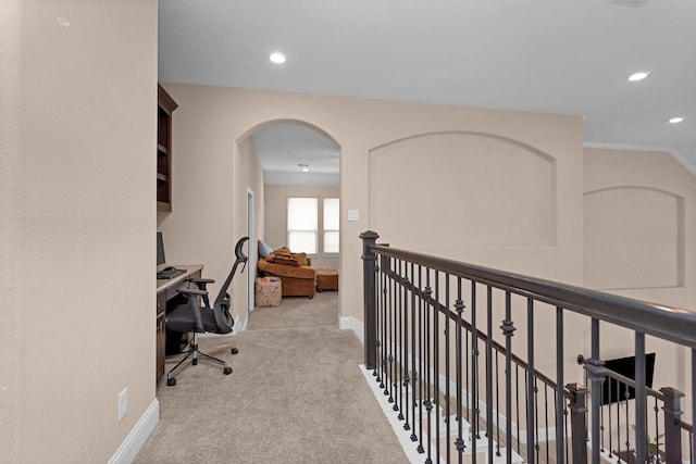 31304 New Forest Park Ln, Spring, TX 77386 - hall with carpet, an upstairs landing, arched walkways, recessed lighting, and an office area