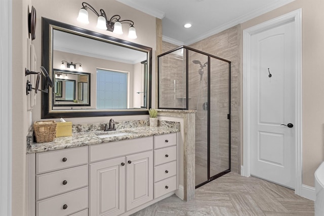 31304 New Forest Park Ln, Spring, TX 77386 - full bathroom featuring ornamental molding, a shower stall, vanity, and recessed lighting
