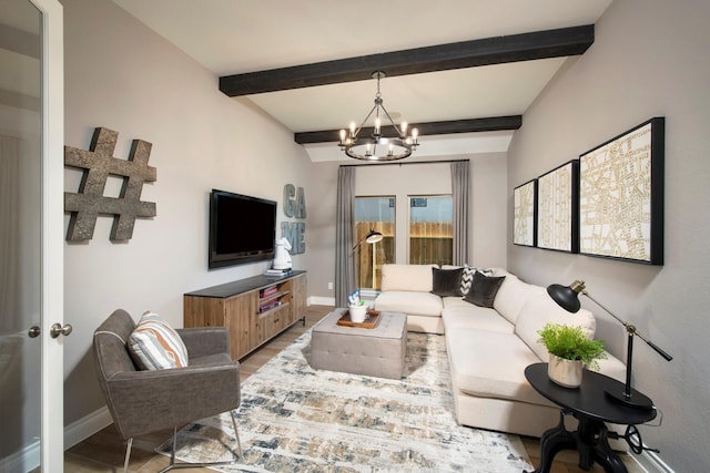 9402 Orchard Trl, Missouri City, TX 77459 - living area featuring wood finished floors, a chandelier, and beamed ceiling