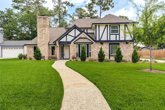 17522 Sorrel Ridge Dr, Spring, TX 77388 - tudor-style house with stucco siding, roof with shingles, a chimney, and brick siding