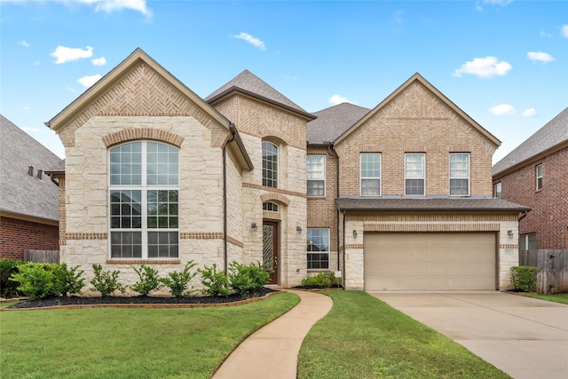 5227 Birch Falls Ln, Sugar Land, TX 77479 - french country inspired facade with stone siding, concrete driveway, a garage, and brick siding