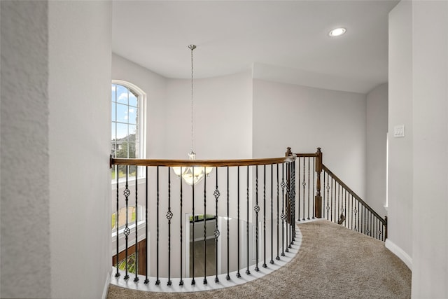 5227 Birch Falls Ln, Sugar Land, TX 77479 - hall featuring carpet floors, an upstairs landing, and recessed lighting