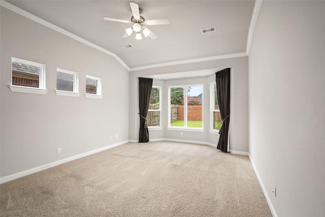 5227 Birch Falls Ln, Sugar Land, TX 77479 - spare room featuring ornamental molding, carpet floors, a ceiling fan, and lofted ceiling