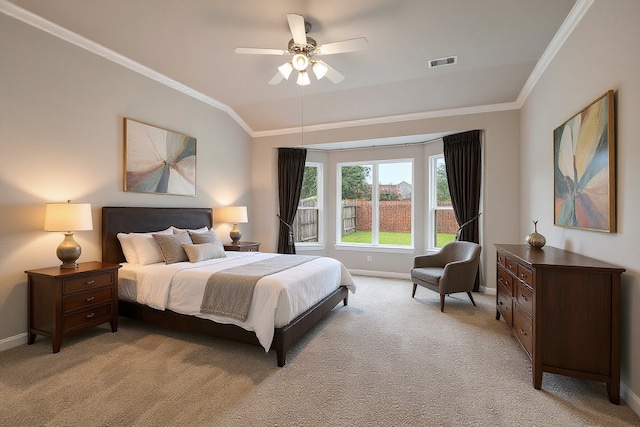 5227 Birch Falls Ln, Sugar Land, TX 77479 - bedroom featuring light colored carpet, ornamental molding, a ceiling fan, and vaulted ceiling