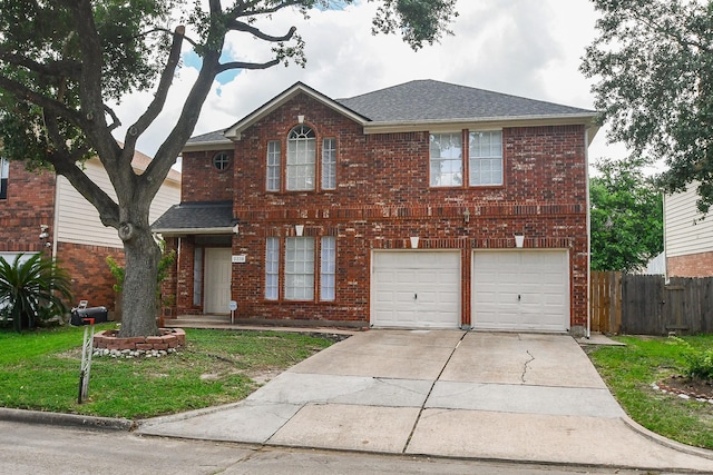 9338 Corner Oak Ln, Houston, TX 77036 - traditional home with an attached garage, driveway, brick siding, and a shingled roof