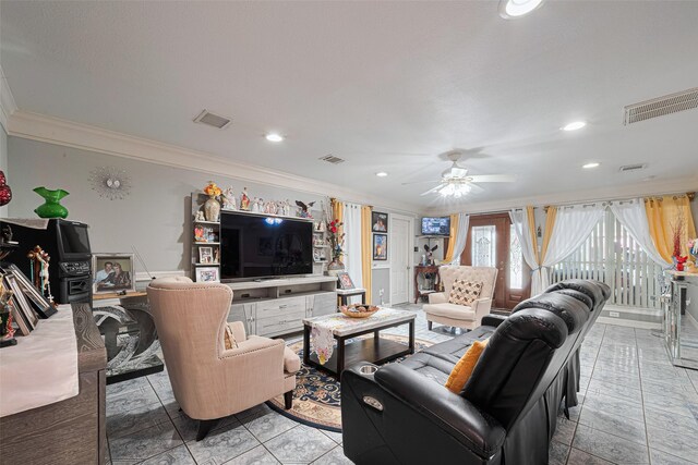 530 Frankie St Unit 1, Houston, TX 77015 - living area with crown molding, a ceiling fan, recessed lighting, and light tile patterned floors