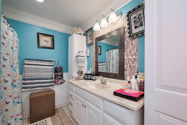 530 Frankie St Unit 1, Houston, TX 77015 - bathroom featuring ornamental molding, vanity, tile patterned flooring, and curtained shower