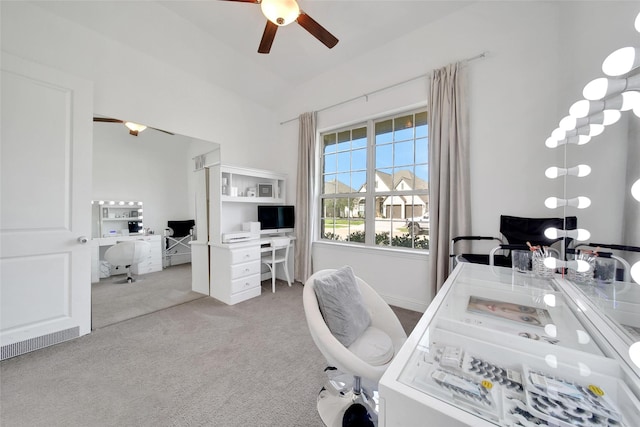 3310 Bellwick Chase Ln, Houston, TX 77365 - carpeted office featuring a ceiling fan and lofted ceiling