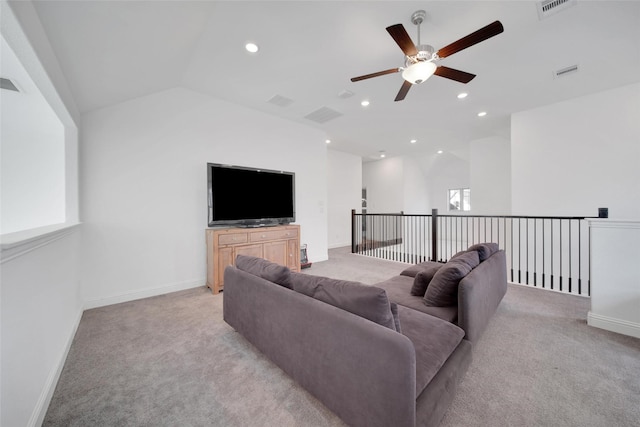 3310 Bellwick Chase Ln, Houston, TX 77365 - living area featuring ceiling fan, vaulted ceiling, light colored carpet, and recessed lighting