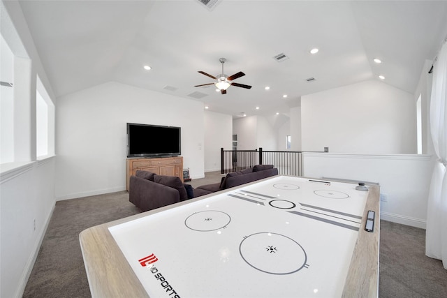 3310 Bellwick Chase Ln, Houston, TX 77365 - rec room with lofted ceiling, carpet flooring, a ceiling fan, and recessed lighting