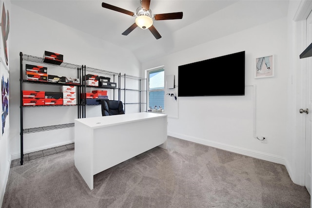 3310 Bellwick Chase Ln, Houston, TX 77365 - carpeted office space featuring a ceiling fan and vaulted ceiling