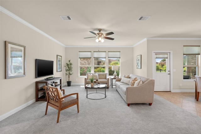 207 Cattle Ranch Dr, Richmond, TX 77469 - living area featuring crown molding, ceiling fan, and light colored carpet