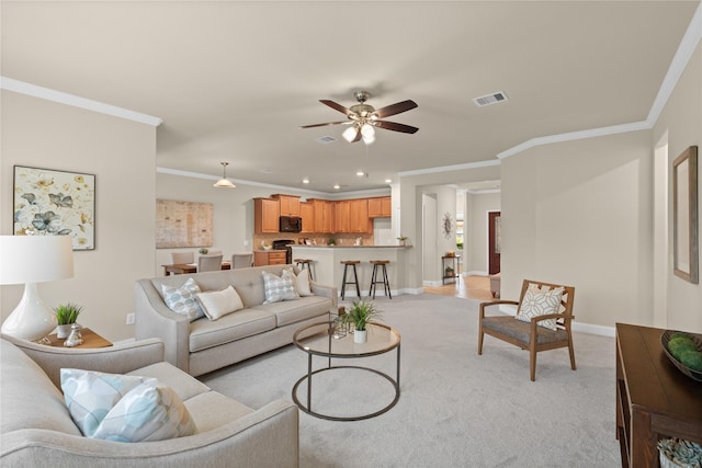 207 Cattle Ranch Dr, Richmond, TX 77469 - living room with crown molding, ceiling fan, light carpet, and recessed lighting