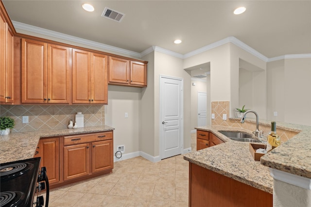 207 Cattle Ranch Dr, Richmond, TX 77469 - kitchen with black electric range, light stone counters, backsplash, brown cabinetry, and ornamental molding