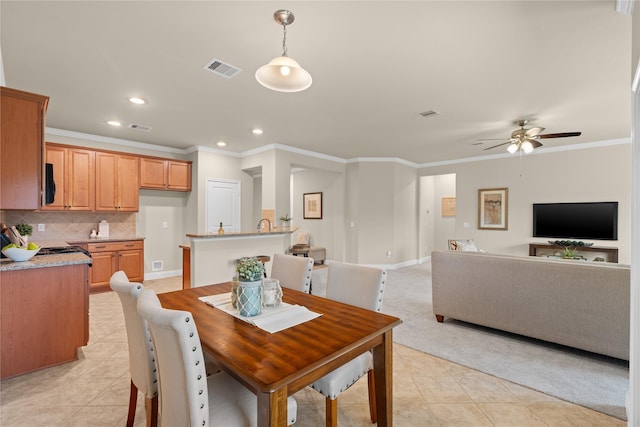 207 Cattle Ranch Dr, Richmond, TX 77469 - dining space with light tile patterned floors, recessed lighting, ornamental molding, and ceiling fan