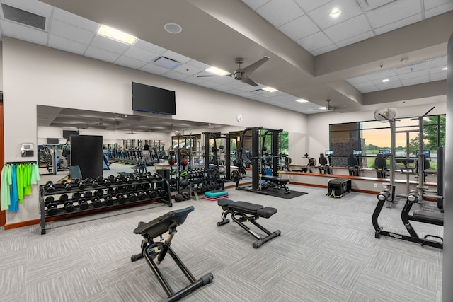 207 Cattle Ranch Dr, Richmond, TX 77469 - exercise room with a paneled ceiling, plenty of natural light, a ceiling fan, recessed lighting, and carpet floors