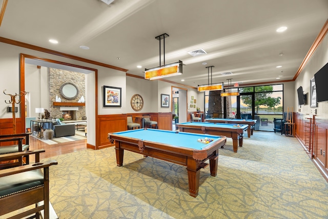 207 Cattle Ranch Dr, Richmond, TX 77469 - rec room with crown molding, billiards, light colored carpet, a wainscoted wall, and recessed lighting