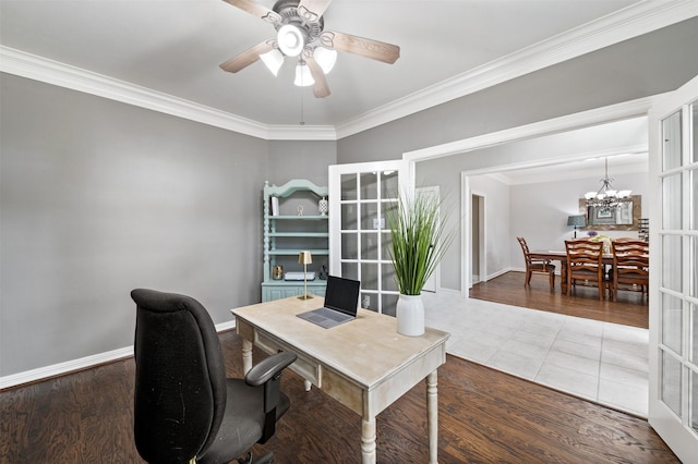 16047 Lockdale Ln, Cypress, TX 77429 - office area featuring ceiling fan, crown molding, a chandelier, and tile patterned flooring