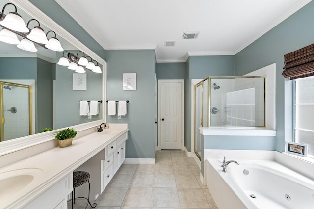16047 Lockdale Ln, Cypress, TX 77429 - bathroom featuring a shower stall, double vanity, a tub with jets, ornamental molding, and tile patterned floors