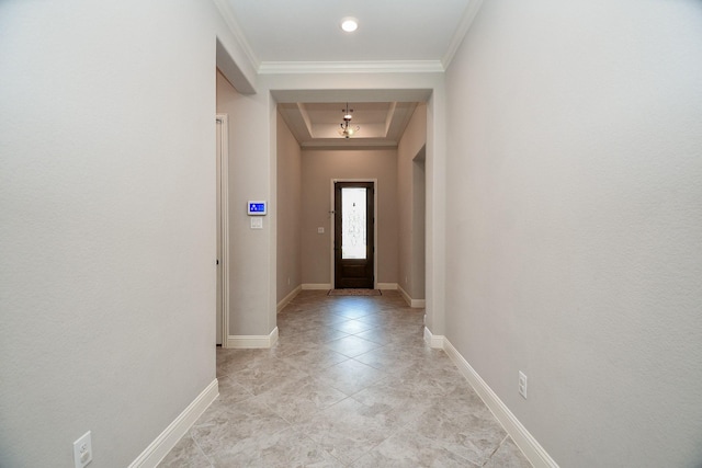 14618 Moccasin Ridge Dr, Cypress, TX 77433 - doorway to outside featuring a tray ceiling, ornamental molding, and light tile patterned flooring