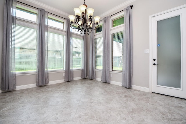 14618 Moccasin Ridge Dr, Cypress, TX 77433 - unfurnished dining area with crown molding, a chandelier, and plenty of natural light