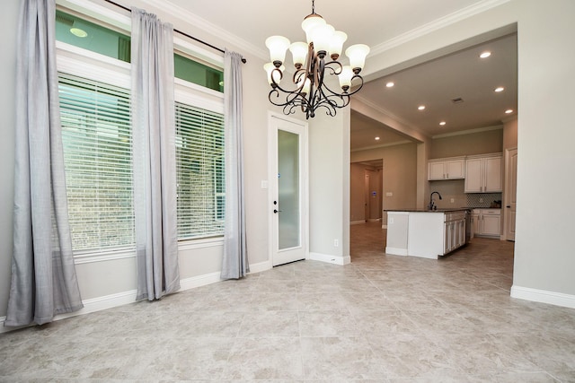 14618 Moccasin Ridge Dr, Cypress, TX 77433 - unfurnished living room featuring ornamental molding, a chandelier, recessed lighting, and light tile patterned floors