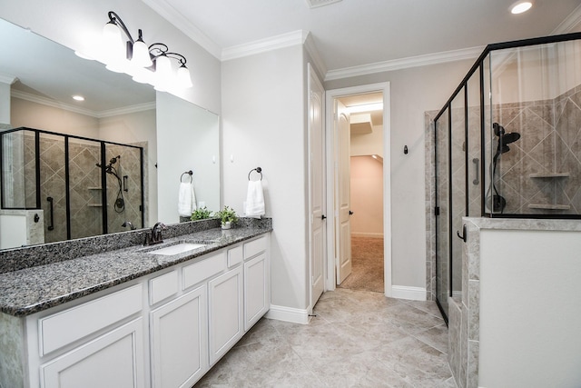 14618 Moccasin Ridge Dr, Cypress, TX 77433 - full bath featuring vanity, a shower stall, recessed lighting, ornamental molding, and a closet