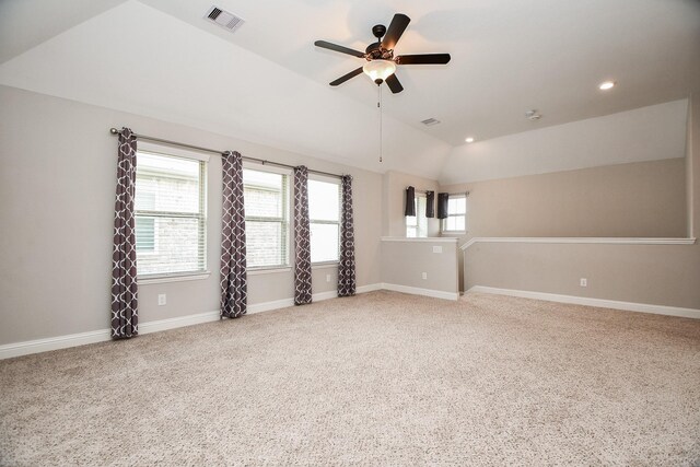 14618 Moccasin Ridge Dr, Cypress, TX 77433 - unfurnished room featuring a ceiling fan, vaulted ceiling, light carpet, and recessed lighting