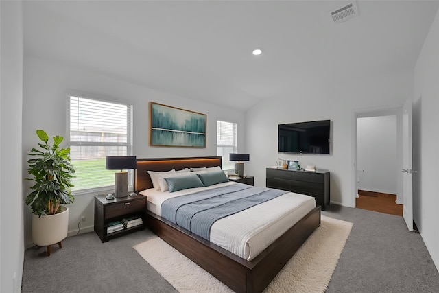 21391 Owl Rd, New Caney, TX 77357 - carpeted bedroom featuring vaulted ceiling and recessed lighting