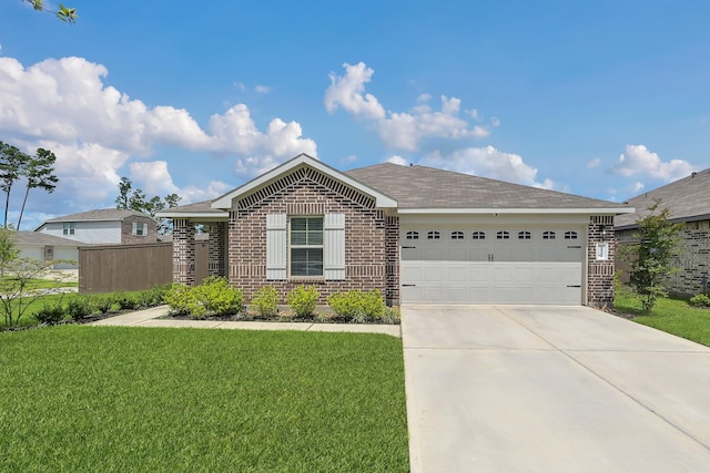21391 Owl Rd, New Caney, TX 77357 - ranch-style house with brick siding, an attached garage, driveway, and a front lawn