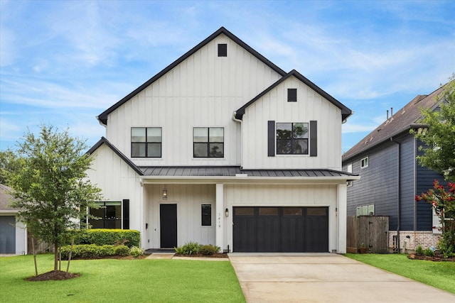 1419 Candlelight Ln, Houston, TX 77018 - modern inspired farmhouse featuring board and batten siding, a standing seam roof, concrete driveway, and a garage