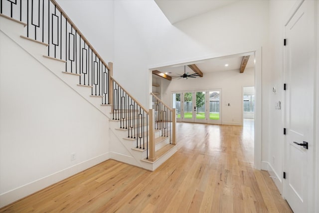 1419 Candlelight Ln, Houston, TX 77018 - foyer featuring hardwood / wood-style floors, a ceiling fan, stairs, beam ceiling, and recessed lighting