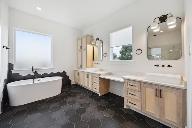 1419 Candlelight Ln, Houston, TX 77018 - bathroom featuring a soaking tub, two vanities, tile patterned floors, and a shower