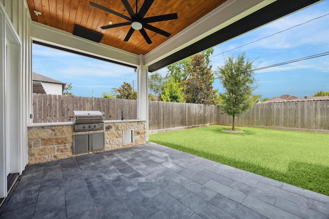 1419 Candlelight Ln, Houston, TX 77018 - fenced backyard with a ceiling fan, a patio, and an outdoor kitchen
