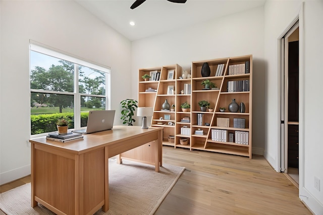 1419 Candlelight Ln, Houston, TX 77018 - office space featuring a ceiling fan, light wood-style floors, and recessed lighting