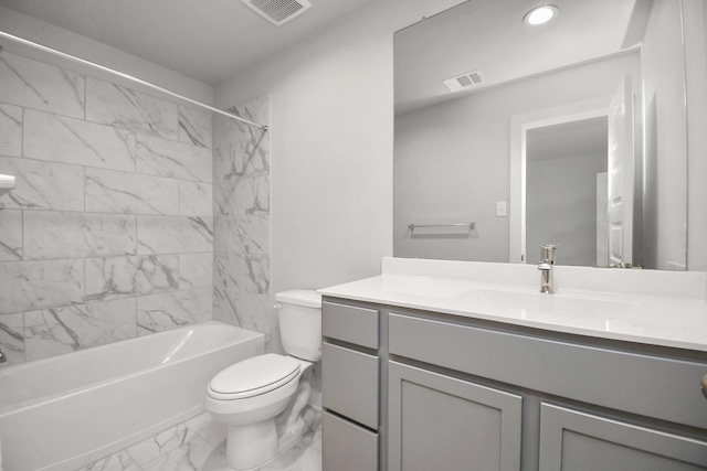 11106 Crocus Dr, Houston, TX 77044 - bathroom with marble finish floors, vanity, bathtub / shower combination, and recessed lighting