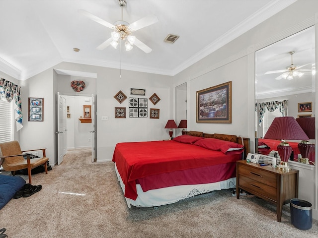 13410 Spyglen Ct, Cypress, TX 77429 - bedroom featuring carpet, crown molding, ceiling fan, and vaulted ceiling
