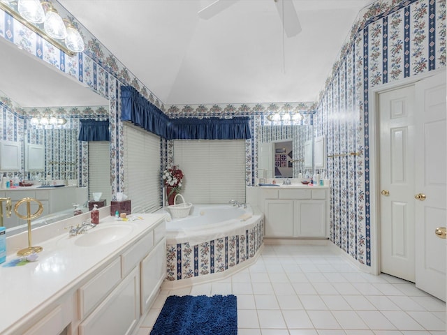 13410 Spyglen Ct, Cypress, TX 77429 - full bathroom with wallpapered walls, tile patterned flooring, a ceiling fan, two vanities, and a garden tub