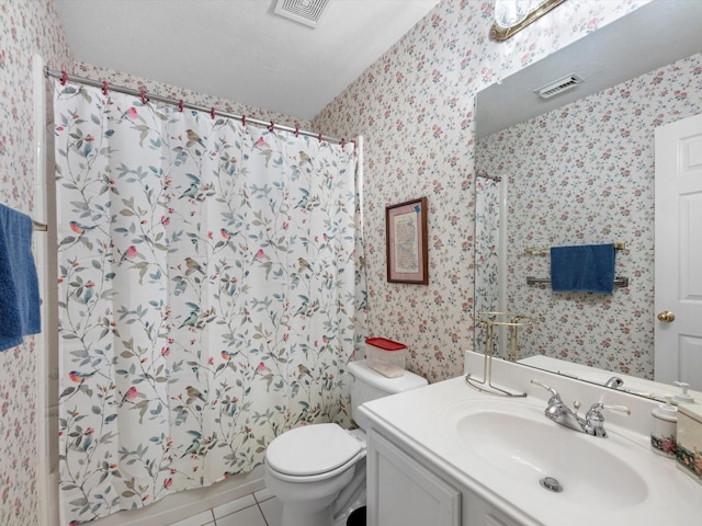 13410 Spyglen Ct, Cypress, TX 77429 - bathroom featuring wallpapered walls, tile patterned floors, and vanity
