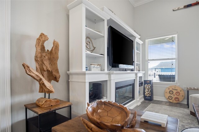 956 Biscayne, Crystal Beach, TX 77650 - living room with a fireplace, ornamental molding, and wood finished floors