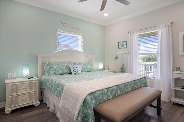 956 Biscayne, Crystal Beach, TX 77650 - bedroom featuring dark wood finished floors, crown molding, recessed lighting, and ceiling fan