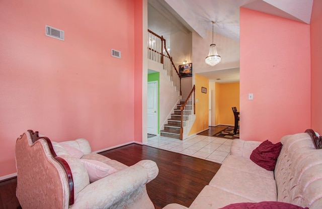 15731 Oak Mountain Dr, Houston, TX 77095 - living area featuring wood finished floors, stairway, high vaulted ceiling, and beamed ceiling