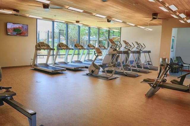 2922 Muhley St, Katy, TX 77493 - exercise room with floor to ceiling windows, wood ceiling, and ceiling fan