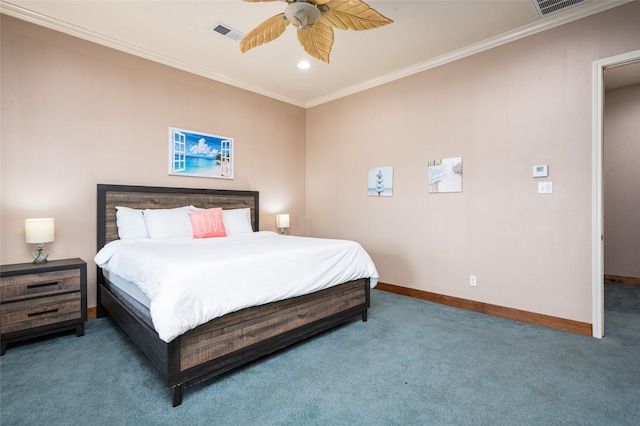 973 Kenlyn Dr, Crystal Beach, TX 77650 - carpeted bedroom featuring crown molding, recessed lighting, and a ceiling fan